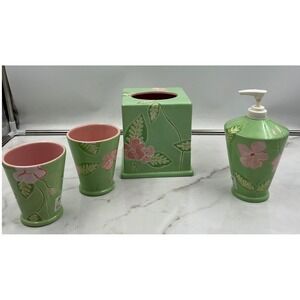 Lilly Pulitzer Ceramic Bathroom Set 4pc Green Pink Floral Soap Tissue Tumblers